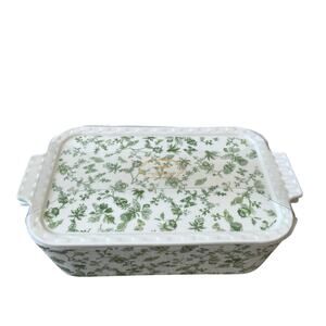 Grace Teaware Green Floral Porcelain Casserole Baker w/ Lid Oven Safe White New
